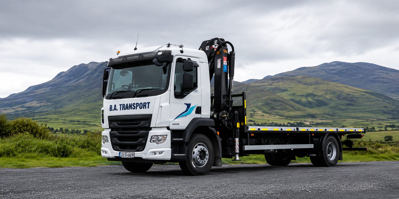 BA Transport HIAB truck on the road in rural Ireland — nationwide transport and lifting services