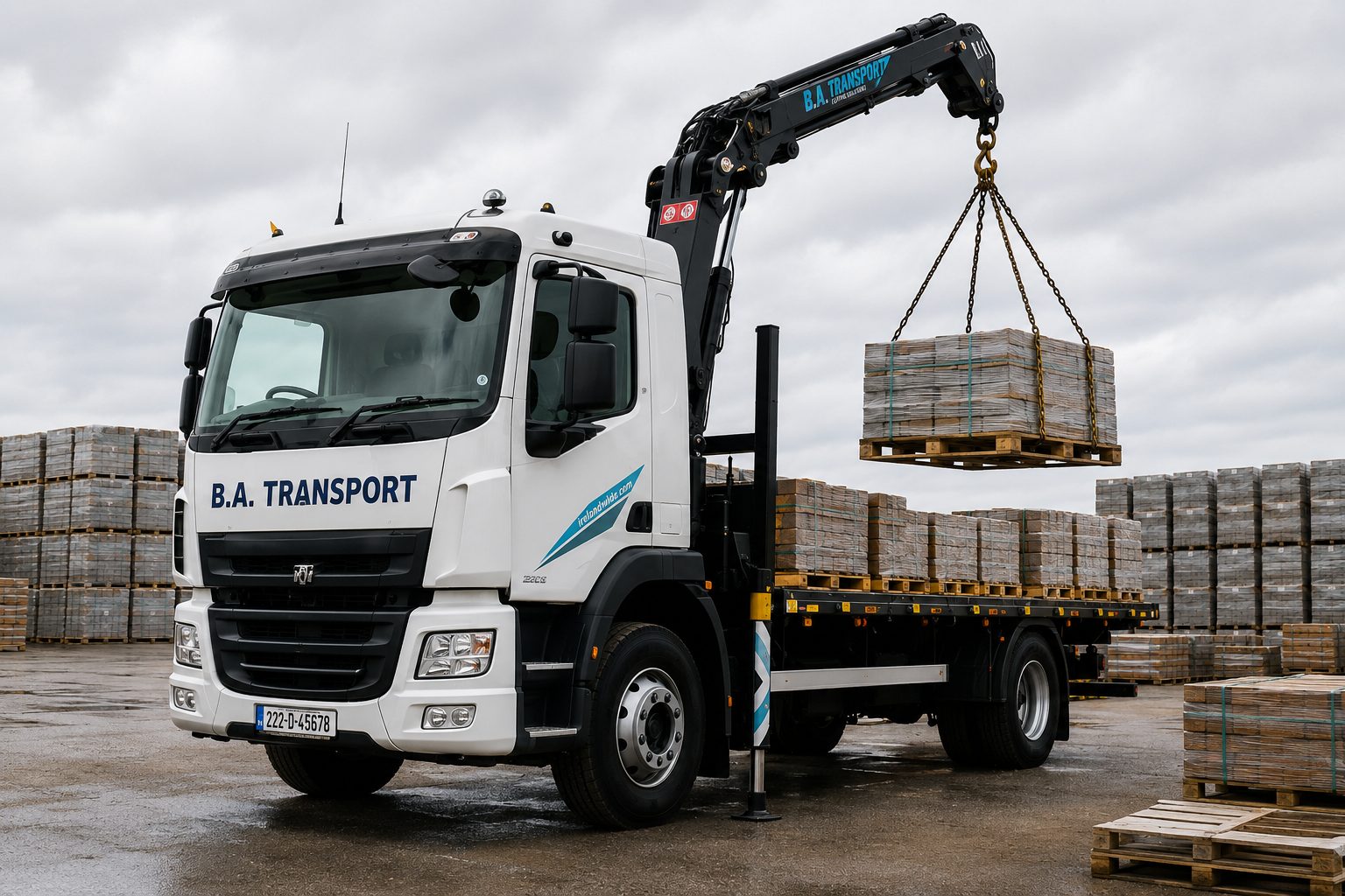 BA Transport HIAB truck lifting a palletised load of building materials — HIAB transport and haulage in Ireland